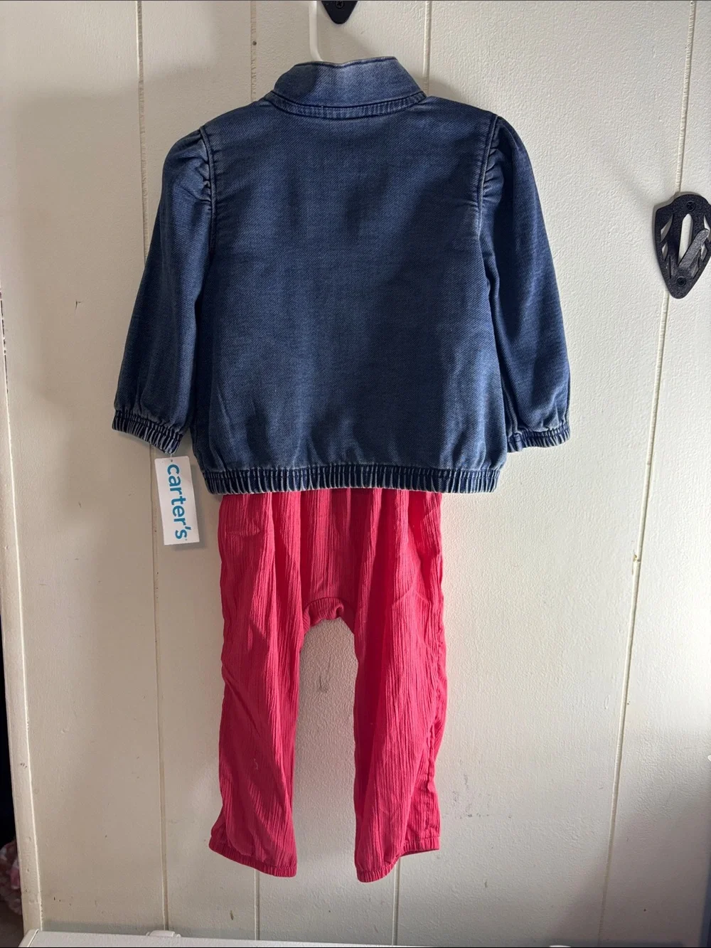 221-Carter's Navy Denim Jacket with Bright Pink Bow Romper